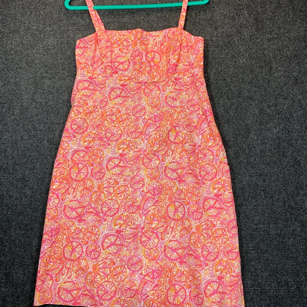 Lilly Pulitzer Shift Dress 10 Pink Orange Bicycle Modernism Pockets Resort Party